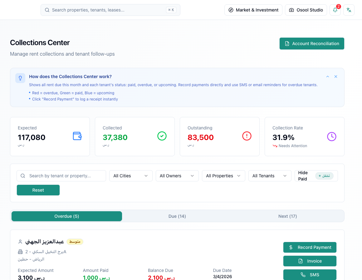 Osool Collections Center dashboard