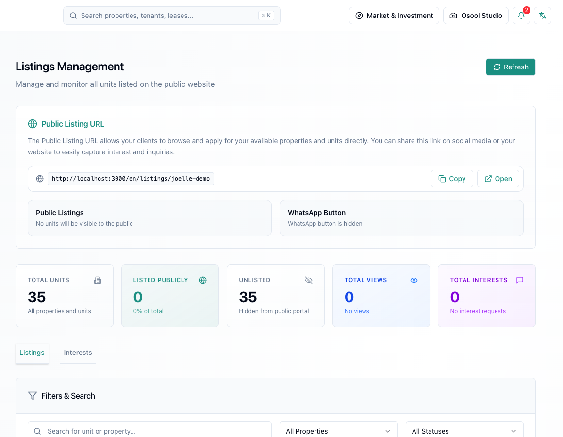 Osool Listings Management dashboard