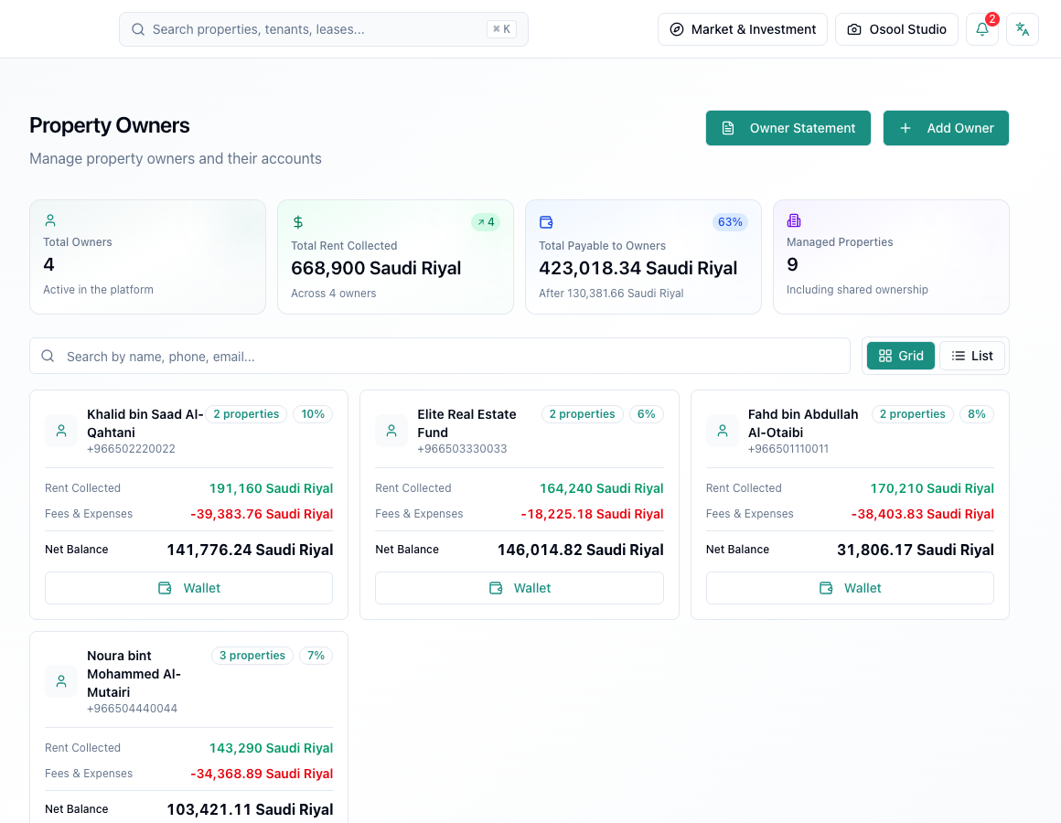 Osool Owners dashboard